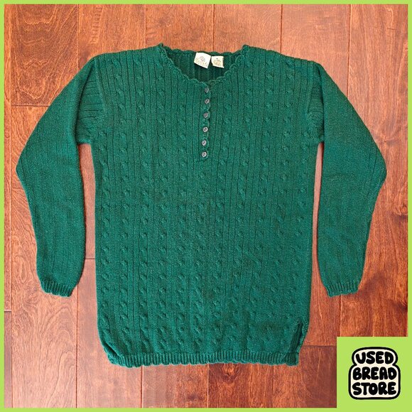 Vintage 90s Cable Knit Scalloped Henley Sweater Womens M Green Cascade Blues - Picture 1 of 5